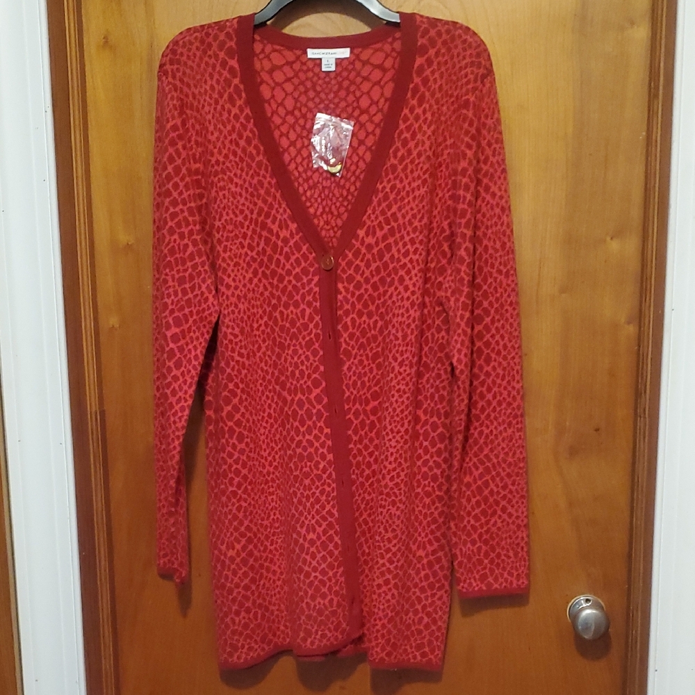 Isaac Mizrahi Red Patterned V-Neck Long Cardigan